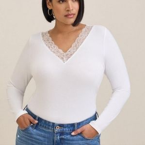 Lane Bryant Bodycon Longsleeve Lace V-Neck Blouse Top Cream 🆕️✨️sz 22/24